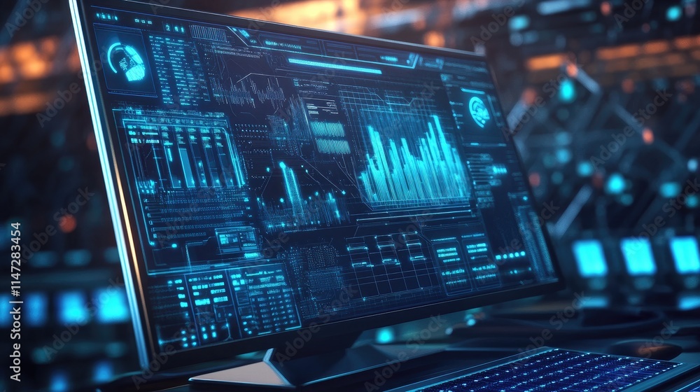 Poster a futuristic computer screen displaying blue digital lines and green energy icons, with a background