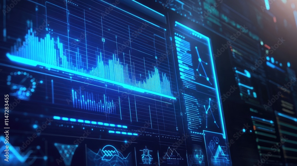 Poster a futuristic computer screen displaying blue digital lines and green energy icons, with a background