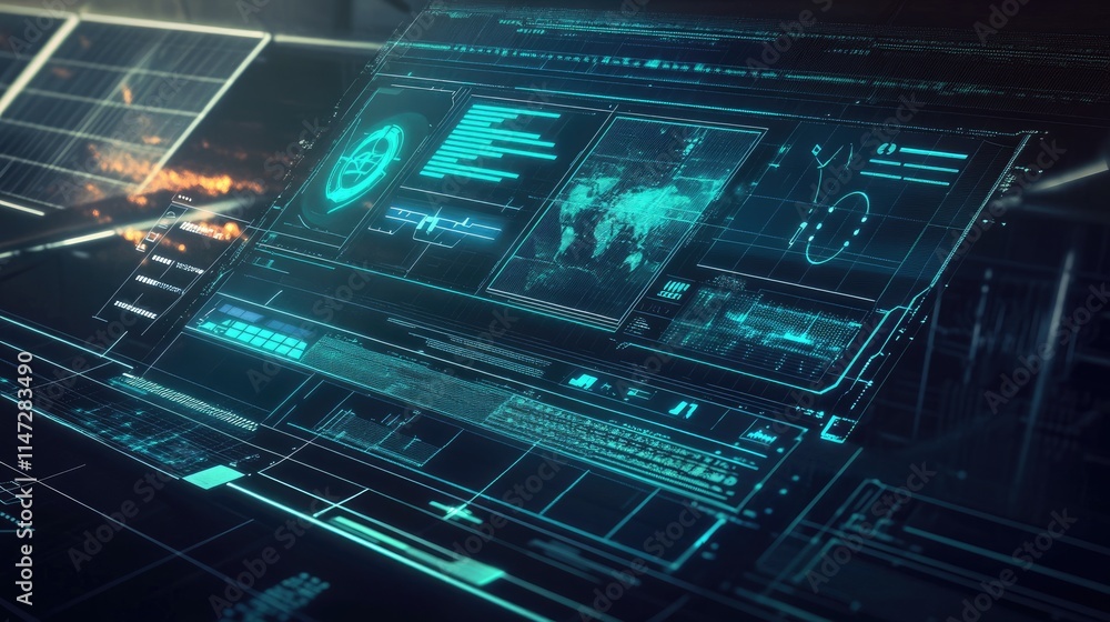 Poster a futuristic computer screen displaying blue digital lines and green energy icons, with a background