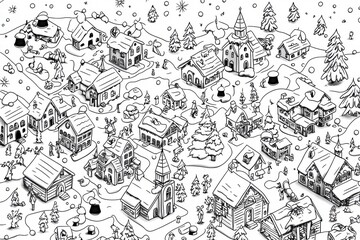 Winter Village Illustration - Black and White Line Art