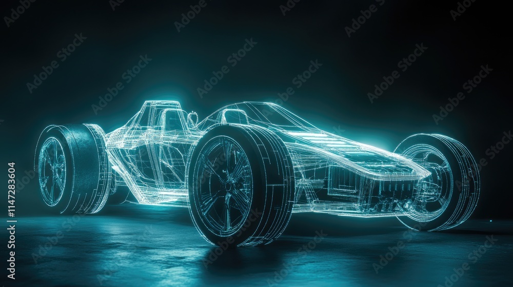 Poster a futuristic wireframe hologram of an electric car, with its internal battery and motor structure vi