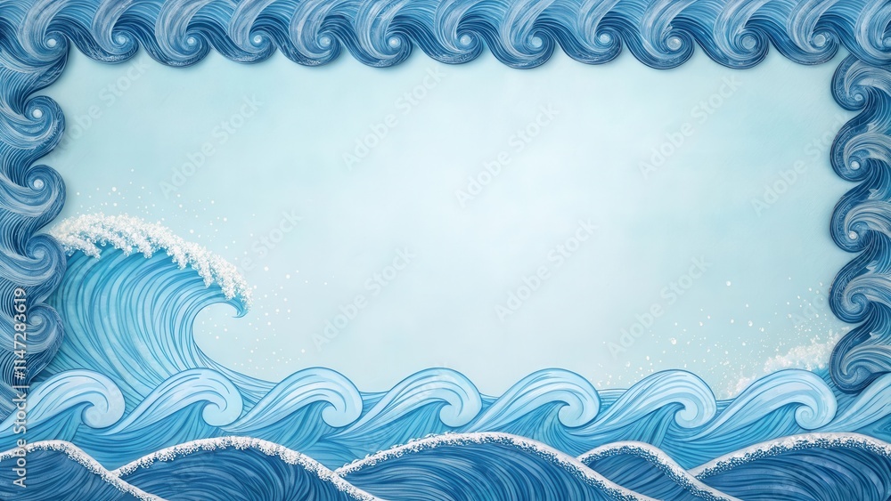 Poster a paper-crafted ocean scene with blue waves and a white foamy crest framed by an abstract wave desig