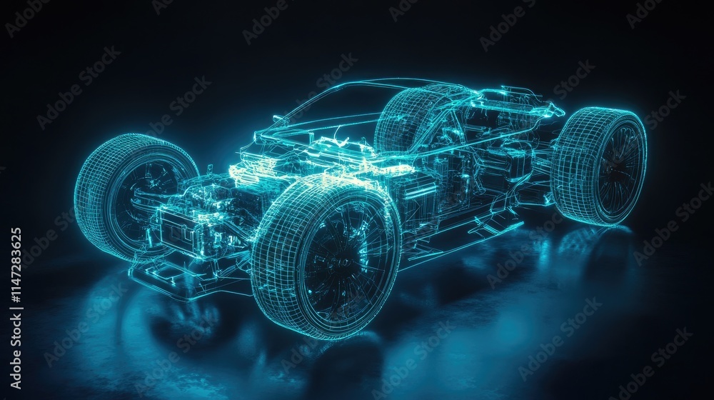 Poster a futuristic wireframe hologram of an electric car, with its internal battery and motor structure vi