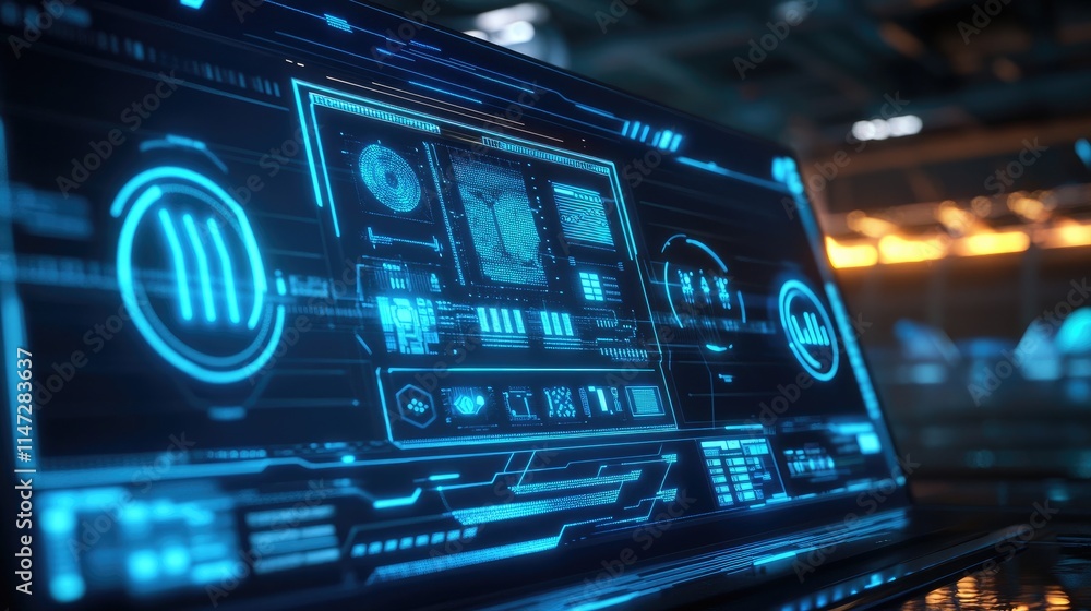 Poster a futuristic computer screen displaying blue digital lines and green energy icons, with a background