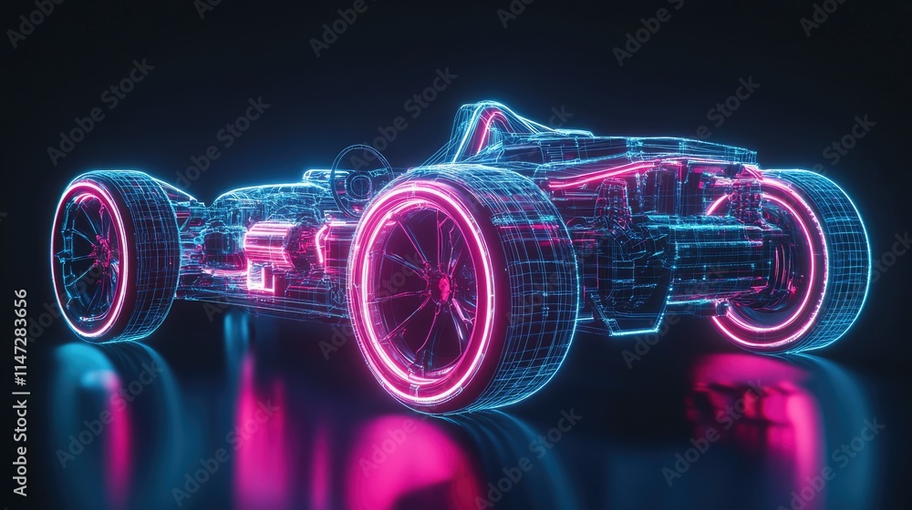 Poster a futuristic wireframe hologram of an electric car, with its internal battery and motor structure vi