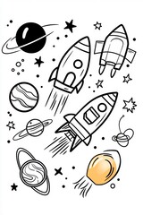 Cute Rockets and Planets in Outer Space - Doodle Illustration