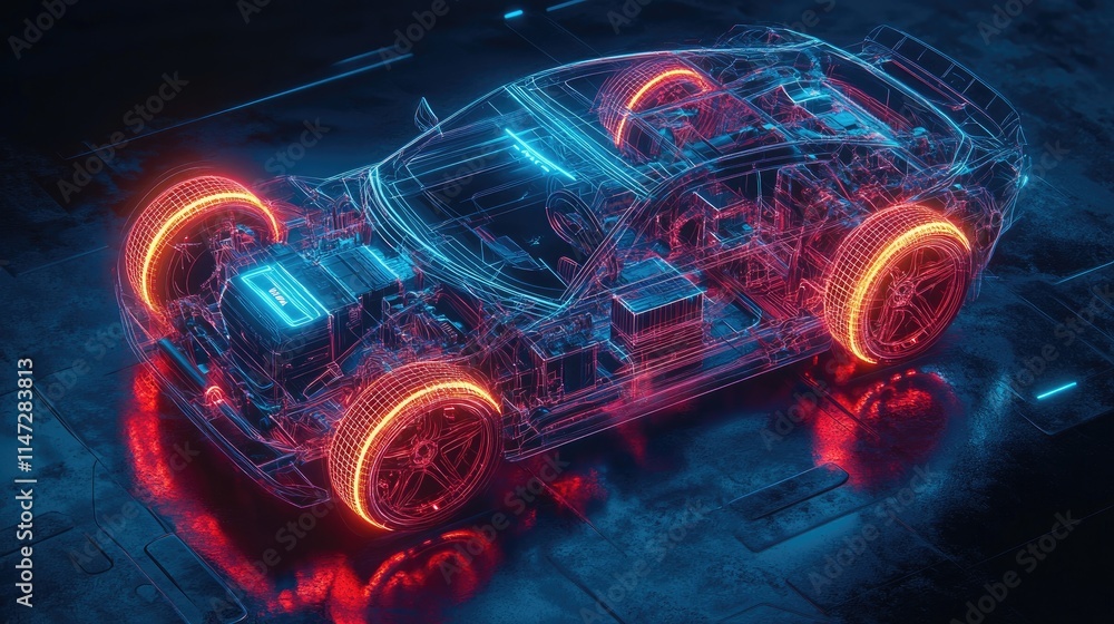 Poster a futuristic wireframe hologram of an electric car, with its internal battery and motor structure vi