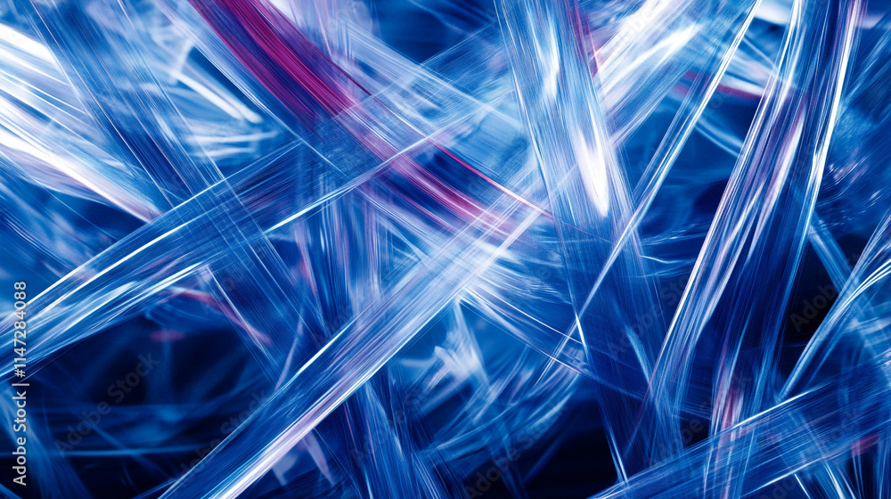 Poster intricate patterns of translucent fibers with blue and violet tones.