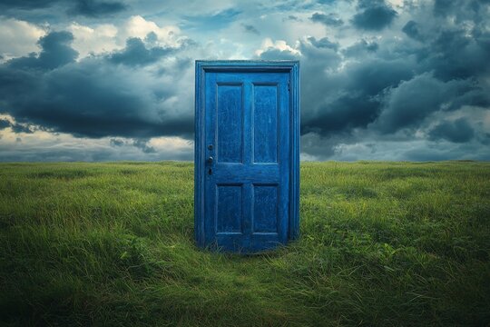 Blue door in a green field under a stormy sky.