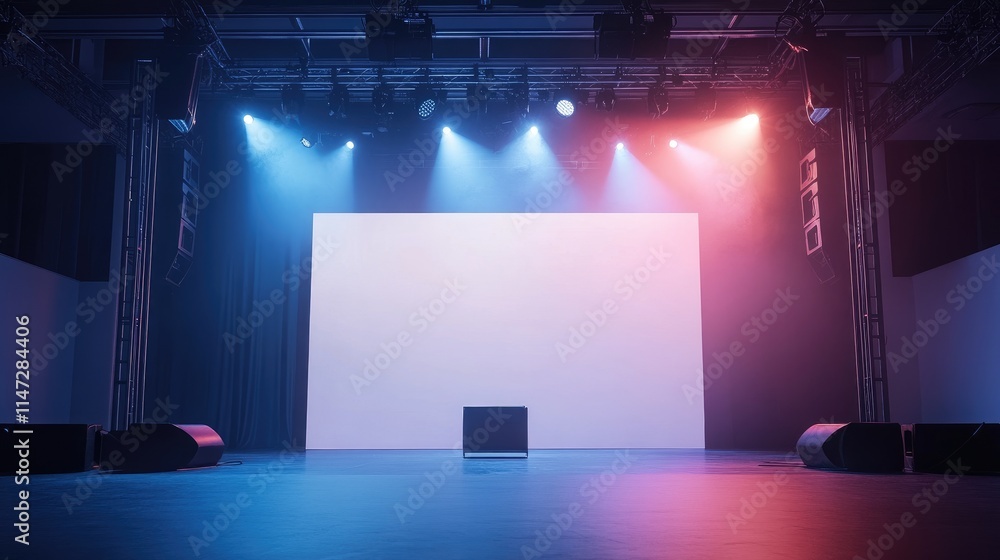 Poster a high-tech stage with a speaker suspended from a truss system, bathed in spotlights, set against a 
