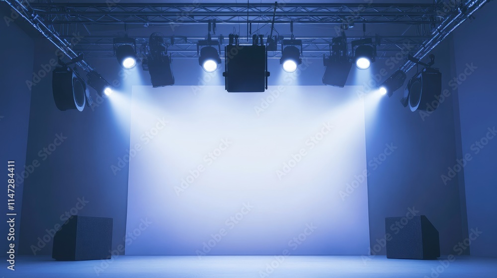 Poster a high-tech stage with a speaker suspended from a truss system, bathed in spotlights, set against a 