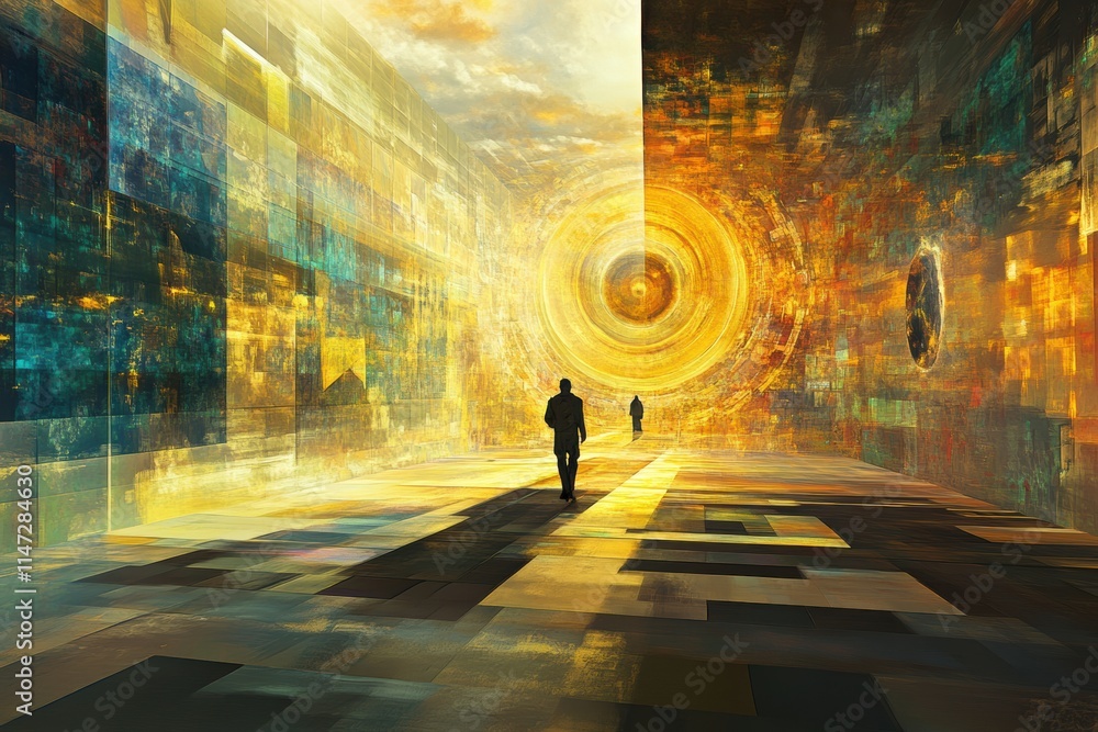Poster Visitors stroll through a colorful digital gallery showcasing unique virtual artworks and animated avatars in a surreal environment. Generative AI