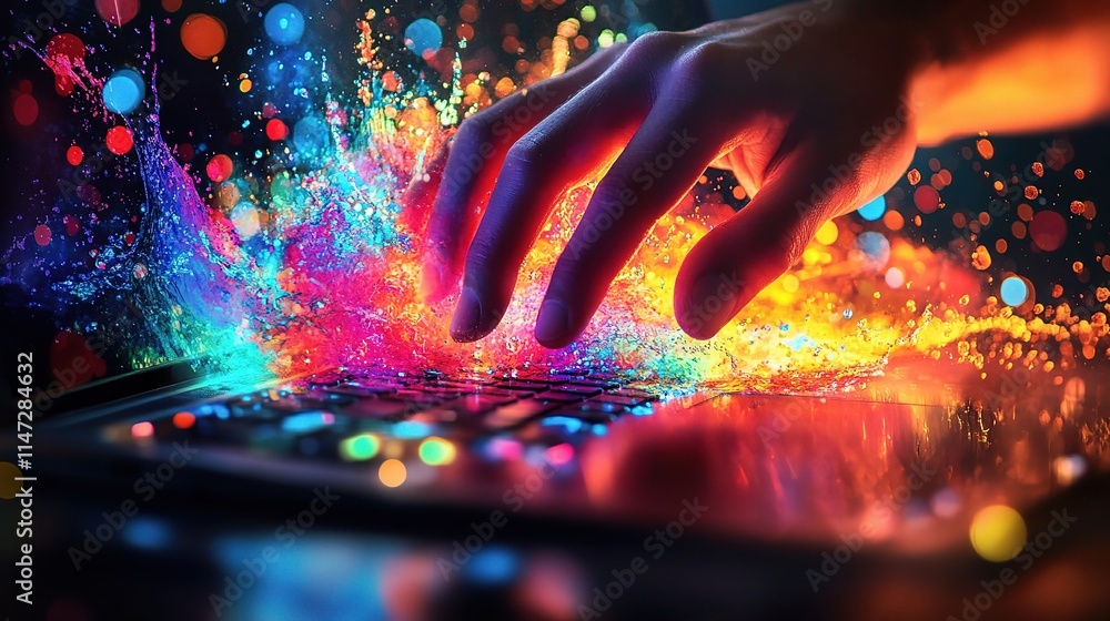 Poster modern professional hand using computer with colorful design