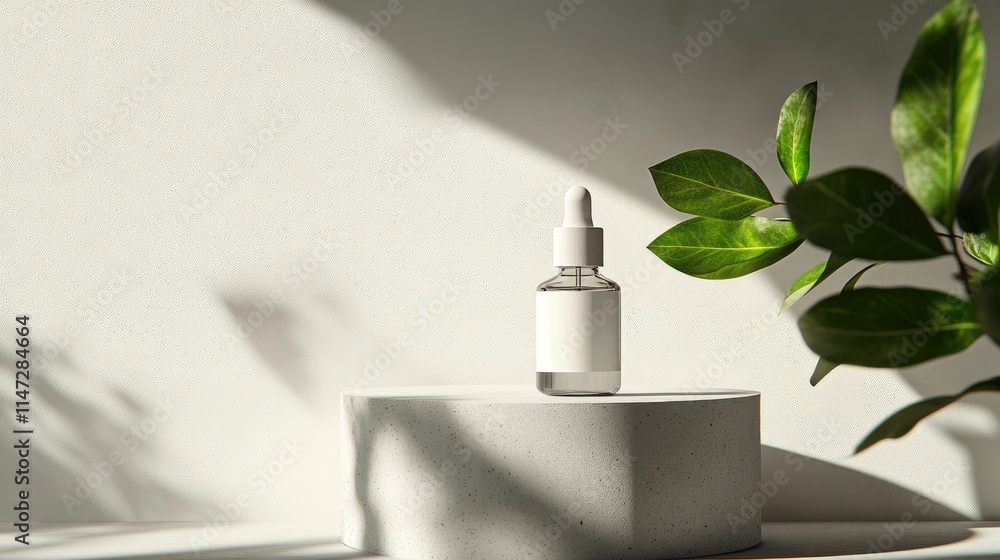 Poster a minimalist background featuring a cosmetic bottle on a podium with a green plant, creating a seren