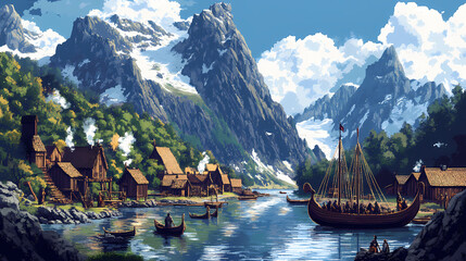 Naklejka premium A pixelated viking village with craftspeople, longboats, and fjord views. Fjordic. Illustration