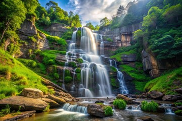 Fototapeta premium Majestic waterfalls dominate stunning landscapes; nature's power and beauty captured.