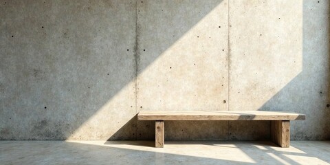 Rustic Wooden Bench Against a Textured Concrete Wall, Bathed in Sunlight
