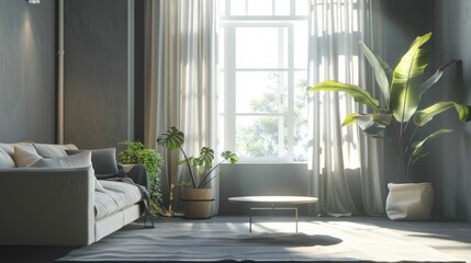 Fototapeta premium Luxurious gray walled living room interior, AI generated image