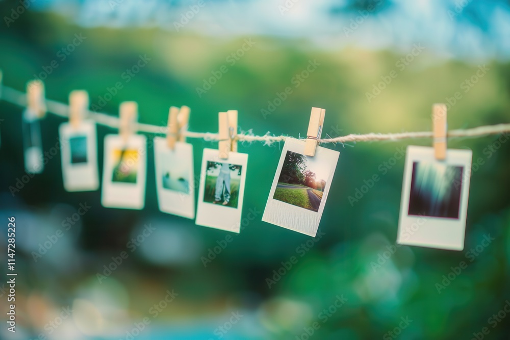 Poster polaroid photos display hanging on a string with clothespins against a blurred outdoor background fo