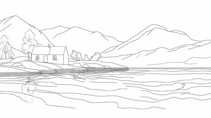 Beautiful scandinavian landscape. house on the lake. minimalism. fjords. mountainscape. one continuous line . line art. minimal single line.white background. one line drawing. Fjordic. Illustration