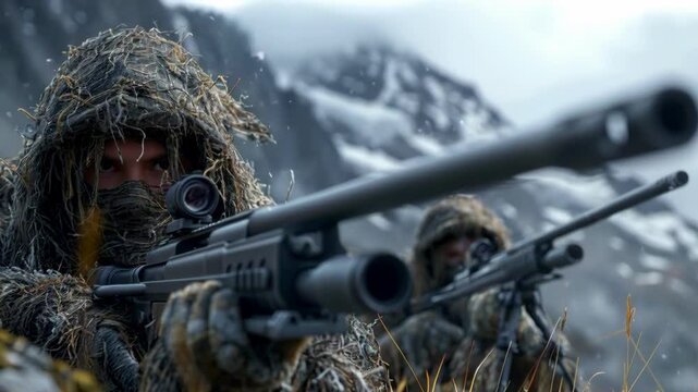 Two sniper soldiers wearing ghillie suits, one with his rifle pointed towards the camera