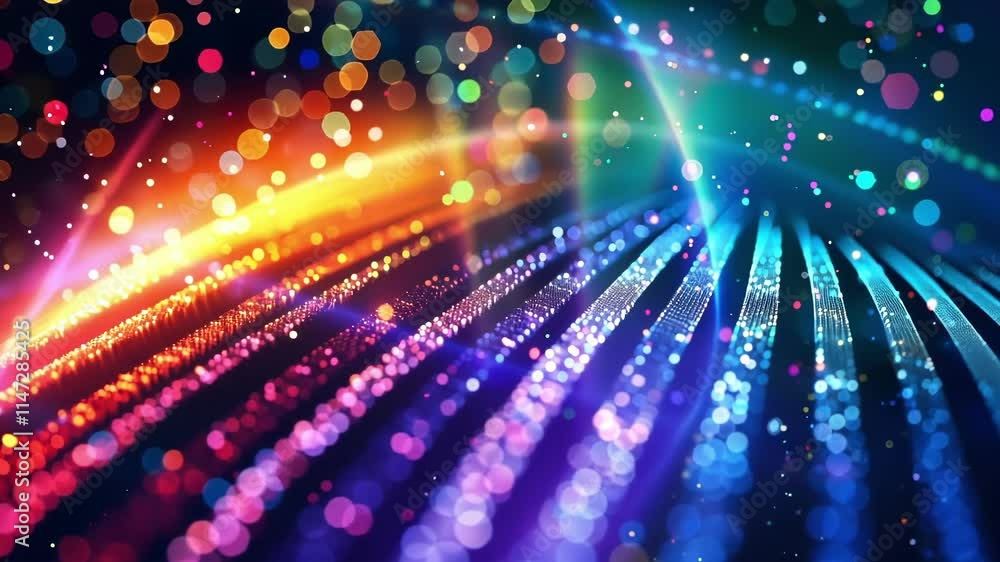 Poster colorful particles flowing and creating a big data stream with a beautiful bokeh effect and light ra