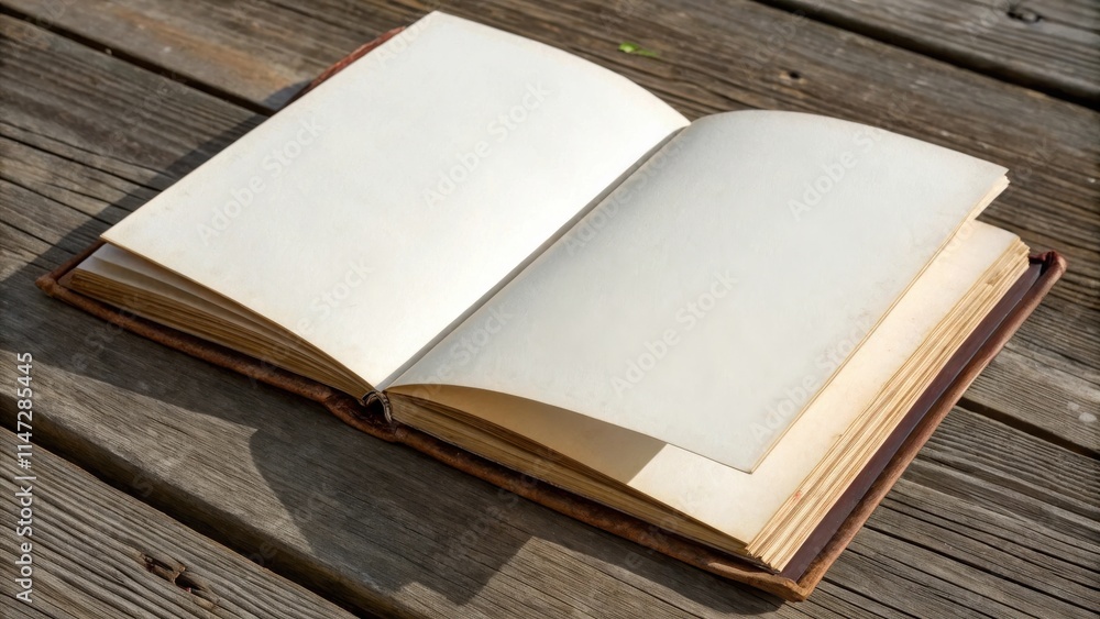 Poster An open, aged book with blank pages rests on a weathered wooden surface, bathed in sunlight, inviting the reader to write their own story.