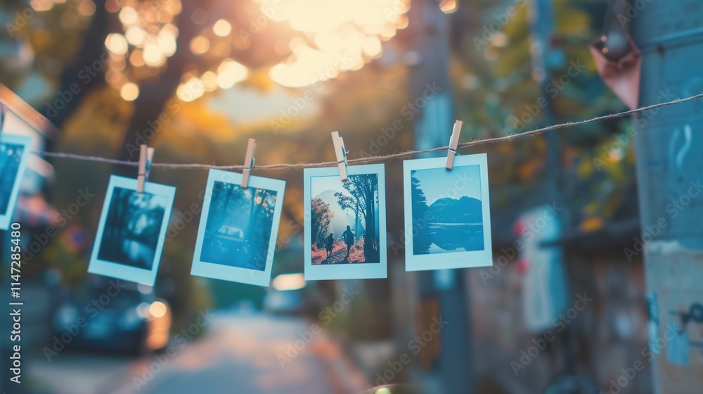 Leinwandbilder polaroid photos displayed on a string with clothespins in a sunny outdoor setting. generative ai