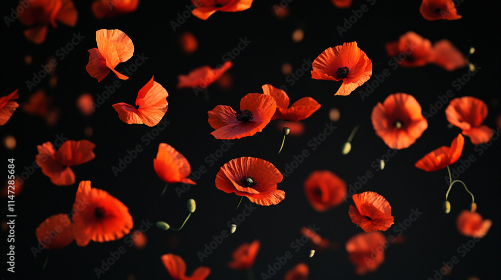 Poster vivid red poppies floating in dark background create striking visual appeal.