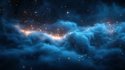 Blue Nebula With Golden Dust And Sparkling Lights