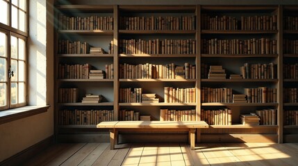 Serene Study Sunlight Illuminates a Wooden Bookshelf Filled with Antique Volumes and a Simple Bench