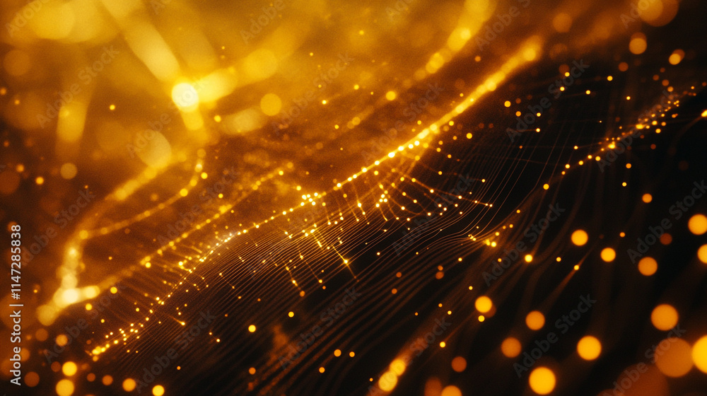 Poster vibrant golden waves create a mesmerizing visual experience with glowing particles.