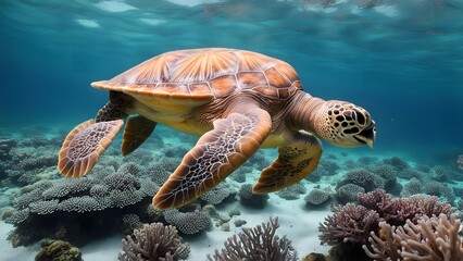 Fototapeta premium Free photo sea turtle under water natural sea life with corals 