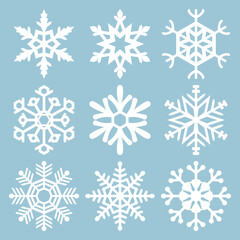 Snowflake icons. Snowflake Vectors. Snowflakes set. Background for winter and christmas theme. Snowflake icons Isolated on Blue Background. Vector illustration. Elements for design. EPS10.