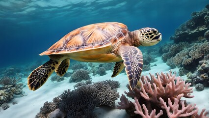 Obraz premium Free photo sea turtle under water natural sea life with corals 
