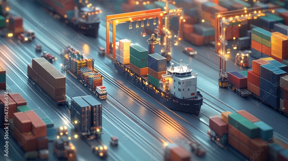 Poster A scene showing a cargo ship and trucks at a logistics terminal, representing the growth and efficiency of global transportation networks and distribution systems