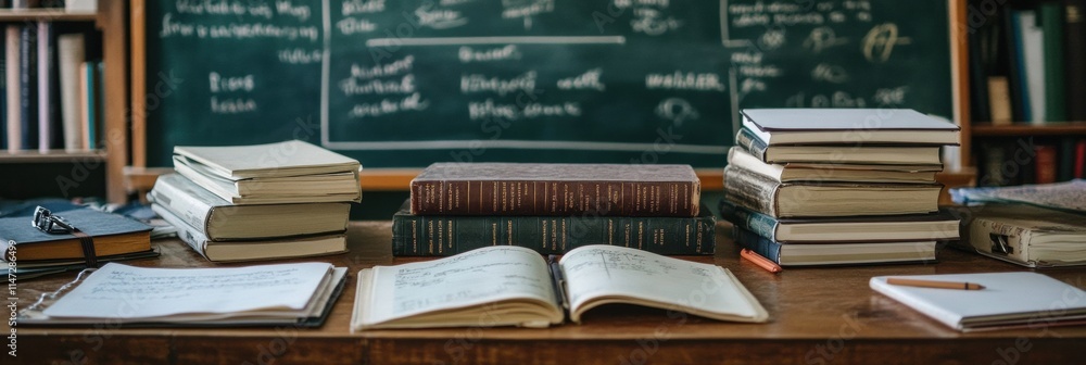 Poster Stationery and notebooks arranged on a desk with books and a chalkboard in an academic workspace. Generative AI