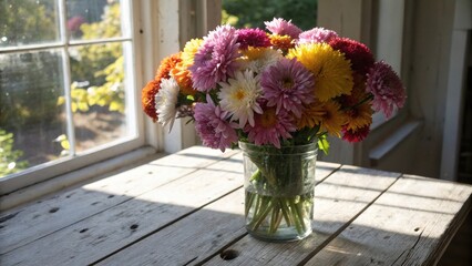 A rustic windowsill bathed in sunlight, adorned with a vibrant bouquet of colorful flowers in a glass vase.