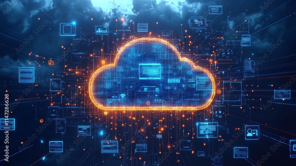 Poster digital cloud illustration with multiple devices and data connections