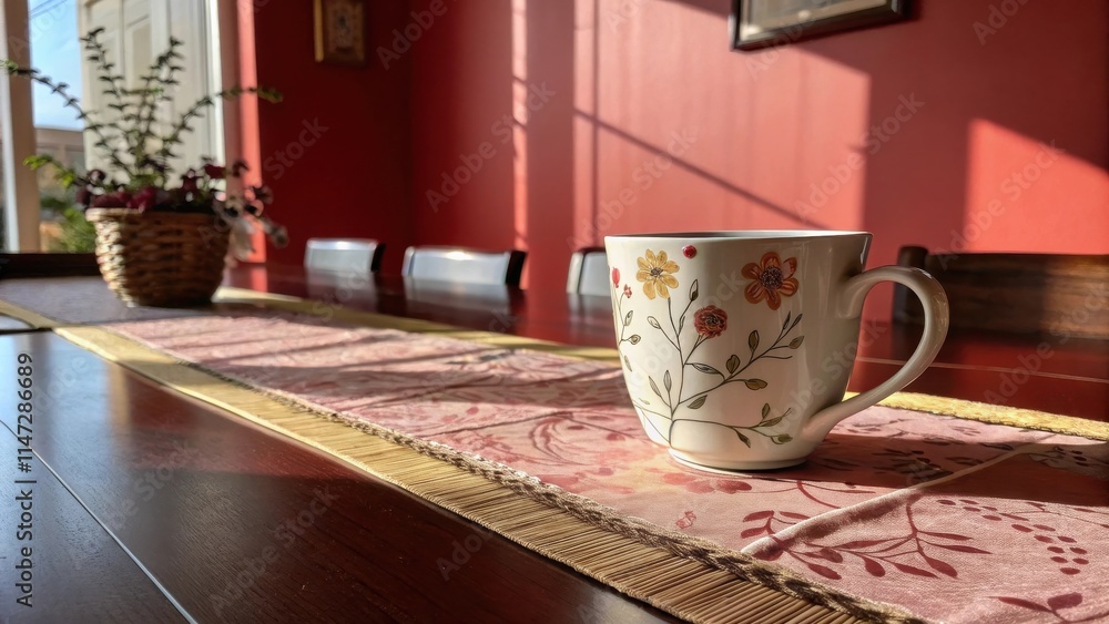 Poster Sunlight streams through the window, casting a warm glow on a table setting adorned with a floral patterned mug and a delicate table runner.