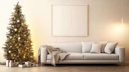 A serene holiday living room with a white sofa, blank white frame on the wall, and a festive Christmas tree decorated with lights and ornaments, creating a calming atmosphere
