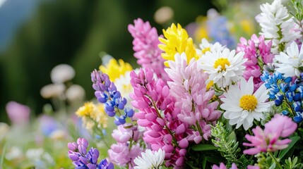 Obraz premium Vibrant alpine wild flowers including pink lupines and white daisies bloom in a lush green mountain meadow.