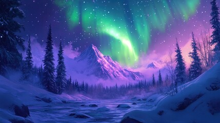 A serene landscape under the northern lights, with bright green and purple colors illuminating the night sky, casting a magical glow over the snow-covered terrain