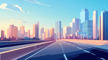Fototapeta premium Highway, oblique angle of view, light sky and clouds, modern buildings, skyline, freeway, cityscape, road surface, gray tones, city background, super quality, high resolution. Oblique. Illustration