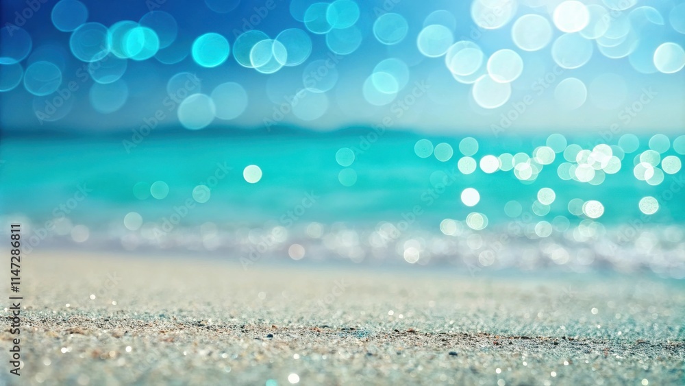 Poster a close-up view of sparkling sand with a soft focus of a blue and turquoise ocean in the background