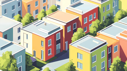New row houses with flat roofs oblique camera view from above sunny summer da. Oblique. Illustration