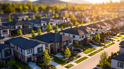 Fototapeta premium New row houses with flat roofs oblique camera view from above sunny summer da. Oblique. Illustration