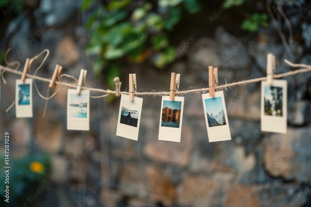 Leinwandbilder detailed display of polaroid photos hanging on a string with clothespins against a natural backdrop 