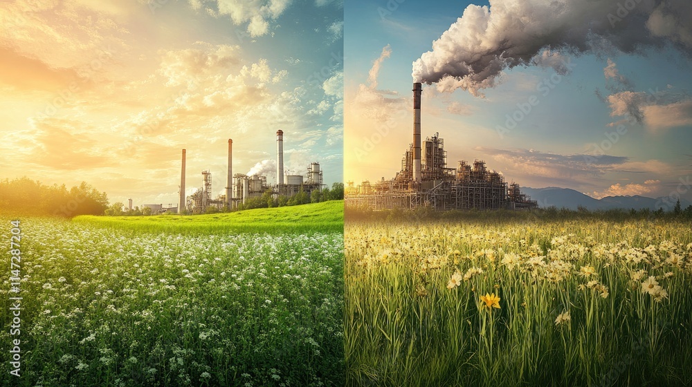 Poster a side-by-side visual of a green, flourishing landscape with pure air and a polluting factory, empha
