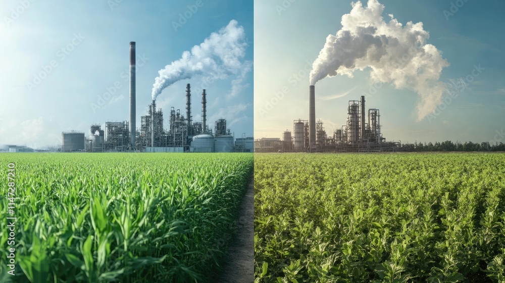 Poster a side-by-side visual of a green, flourishing landscape with pure air and a polluting factory, empha